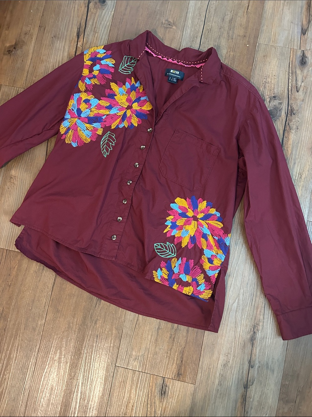 Anthropologie Maeve Button-Down Shirt with Multicolor Floral Embroidery